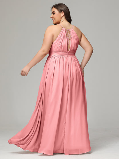 Floor Length Halter Plus Size Split Chiffon Bridesmaid Dresses