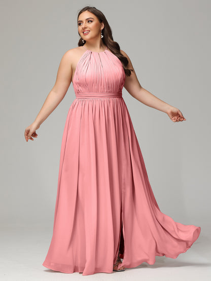Floor Length Halter Plus Size Split Chiffon Bridesmaid Dresses