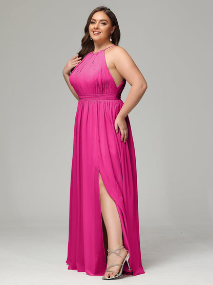 Floor Length Halter Plus Size Split Chiffon Bridesmaid Dresses