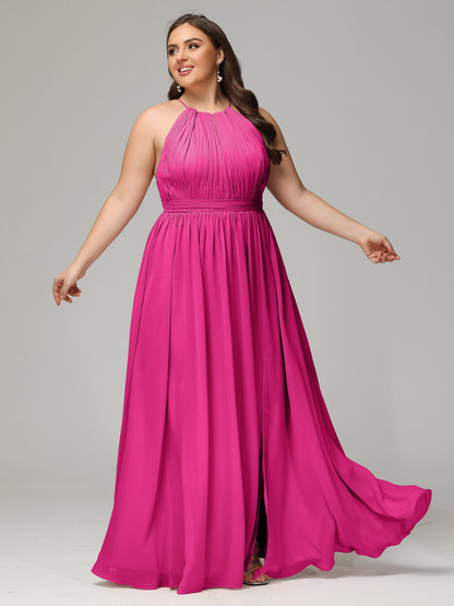 Floor Length Halter Plus Size Split Chiffon Bridesmaid Dresses