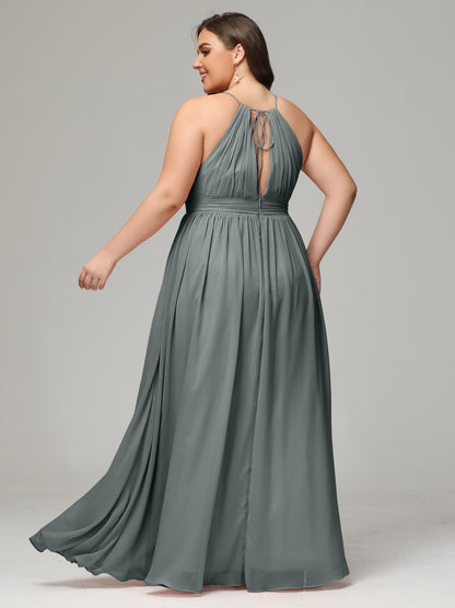 Floor Length Halter Plus Size Split Chiffon Bridesmaid Dresses