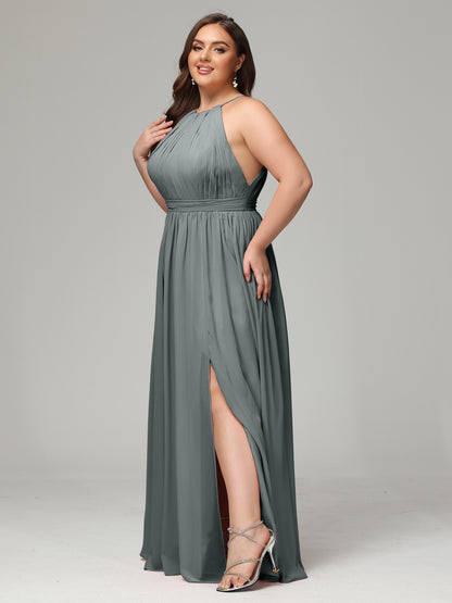 Floor Length Halter Plus Size Split Chiffon Bridesmaid Dresses