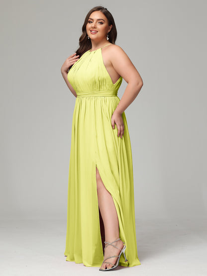 Floor Length Halter Plus Size Split Chiffon Bridesmaid Dresses