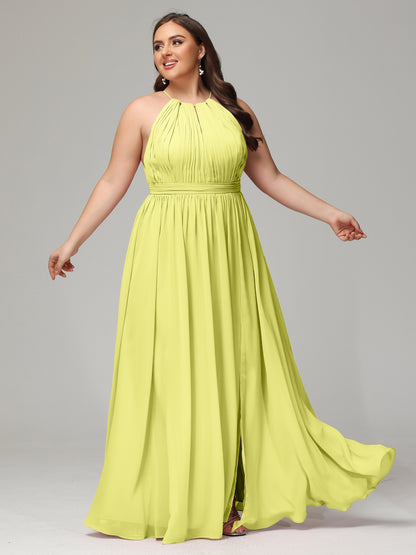 Floor Length Halter Plus Size Split Chiffon Bridesmaid Dresses