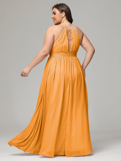 Floor Length Halter Plus Size Split Chiffon Bridesmaid Dresses