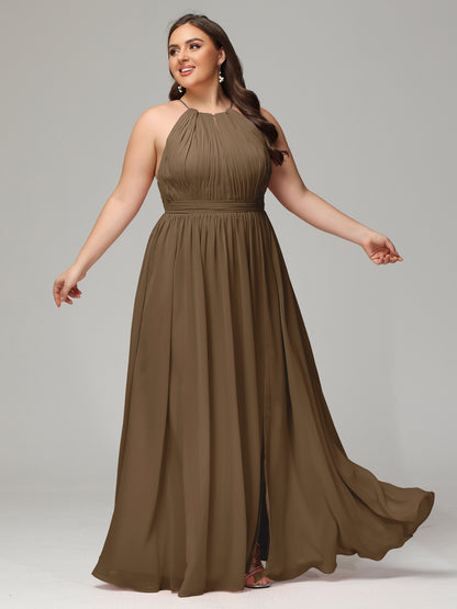 Floor Length Halter Plus Size Split Chiffon Bridesmaid Dresses