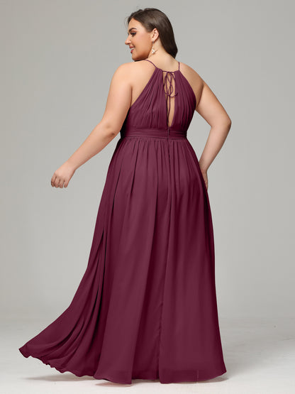Floor Length Halter Plus Size Split Chiffon Bridesmaid Dresses