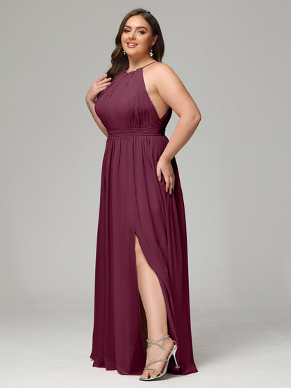 Floor Length Halter Plus Size Split Chiffon Bridesmaid Dresses