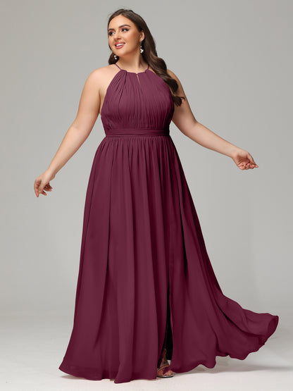 Floor Length Halter Plus Size Split Chiffon Bridesmaid Dresses