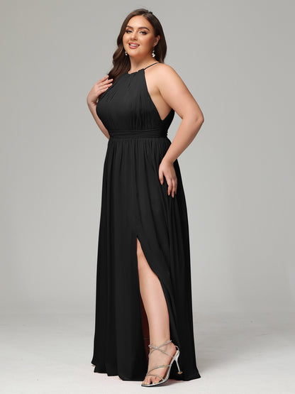 Floor Length Halter Plus Size Split Chiffon Bridesmaid Dresses