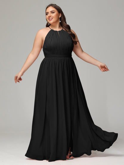 Floor Length Halter Plus Size Split Chiffon Bridesmaid Dresses