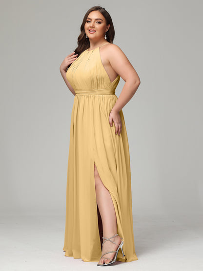 Floor Length Halter Plus Size Split Chiffon Bridesmaid Dresses