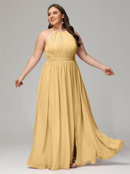 Floor Length Halter Plus Size Split Chiffon Bridesmaid Dresses