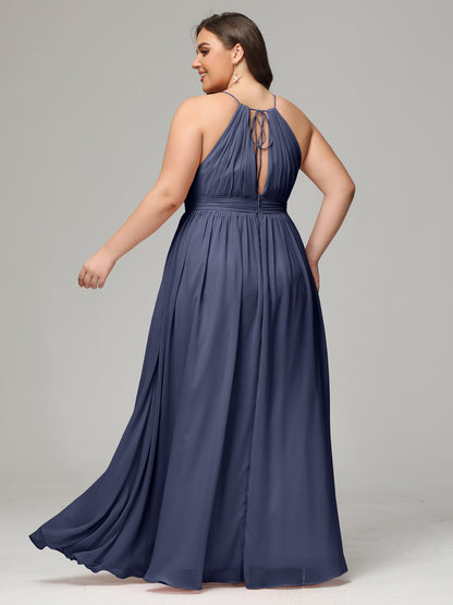 Floor Length Halter Plus Size Split Chiffon Bridesmaid Dresses