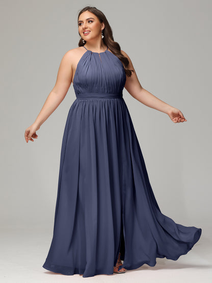 Floor Length Halter Plus Size Split Chiffon Bridesmaid Dresses