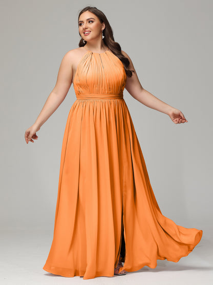 Floor Length Halter Plus Size Split Chiffon Bridesmaid Dresses