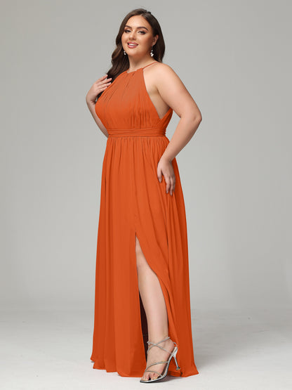 Floor Length Halter Plus Size Split Chiffon Bridesmaid Dresses