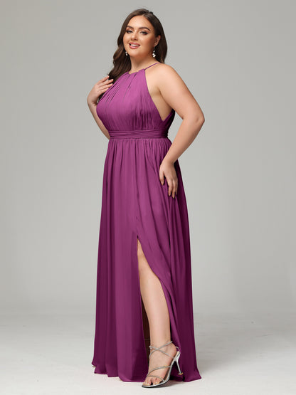 Floor Length Halter Plus Size Split Chiffon Bridesmaid Dresses