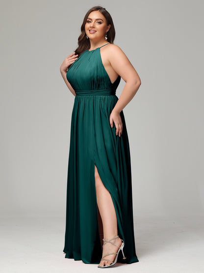 Floor Length Halter Plus Size Split Chiffon Bridesmaid Dresses