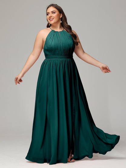 Floor Length Halter Plus Size Split Chiffon Bridesmaid Dresses