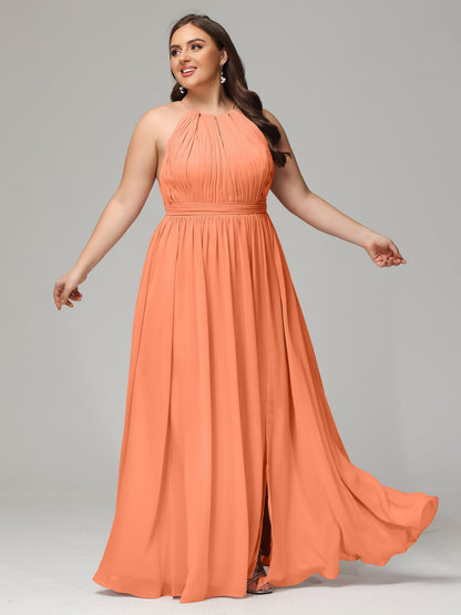 Floor Length Halter Plus Size Split Chiffon Bridesmaid Dresses