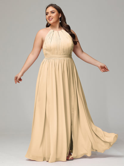 Floor Length Halter Plus Size Split Chiffon Bridesmaid Dresses