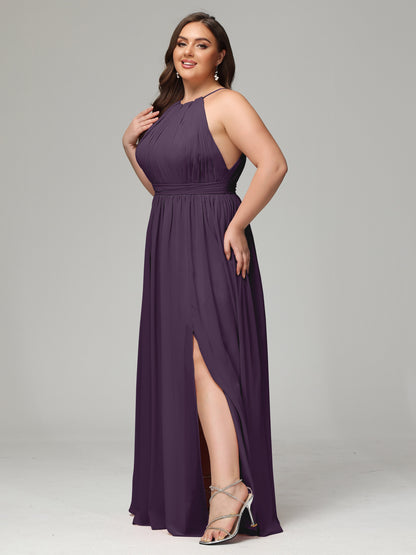 Floor Length Halter Plus Size Split Chiffon Bridesmaid Dresses