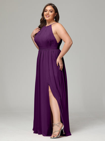 Floor Length Halter Plus Size Split Chiffon Bridesmaid Dresses