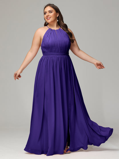Floor Length Halter Plus Size Split Chiffon Bridesmaid Dresses