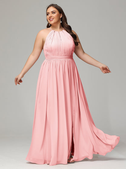 Floor Length Halter Plus Size Split Chiffon Bridesmaid Dresses