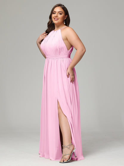 Floor Length Halter Plus Size Split Chiffon Bridesmaid Dresses