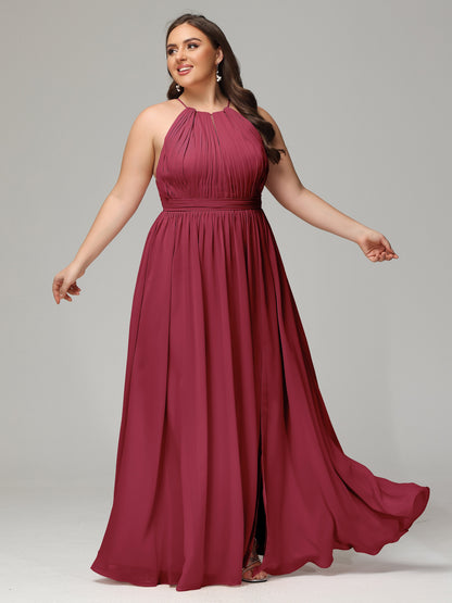 Floor Length Halter Plus Size Split Chiffon Bridesmaid Dresses