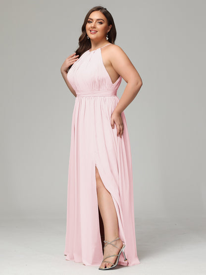 Floor Length Halter Plus Size Split Chiffon Bridesmaid Dresses