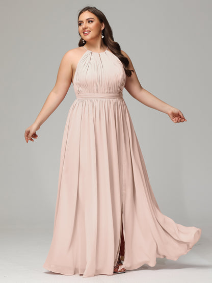 Floor Length Halter Plus Size Split Chiffon Bridesmaid Dresses