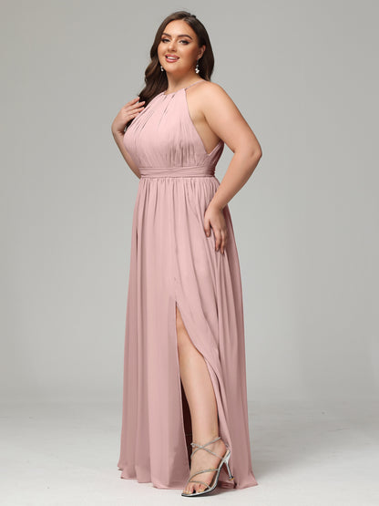 Floor Length Halter Plus Size Split Chiffon Bridesmaid Dresses