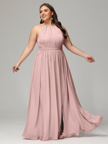 Floor Length Halter Plus Size Split Chiffon Bridesmaid Dresses