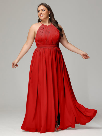 Floor Length Halter Plus Size Split Chiffon Bridesmaid Dresses
