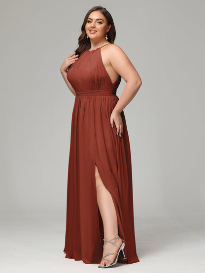 Floor Length Halter Plus Size Split Chiffon Bridesmaid Dresses