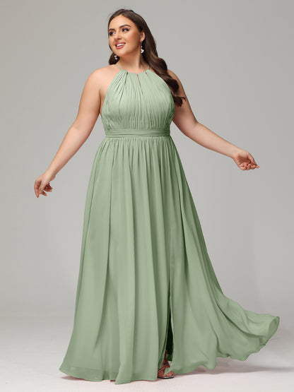 Floor Length Halter Plus Size Split Chiffon Bridesmaid Dresses