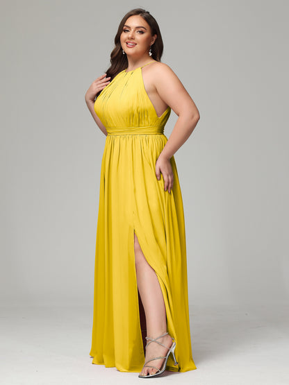 Floor Length Halter Plus Size Split Chiffon Bridesmaid Dresses