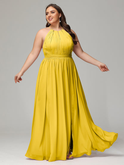 Floor Length Halter Plus Size Split Chiffon Bridesmaid Dresses