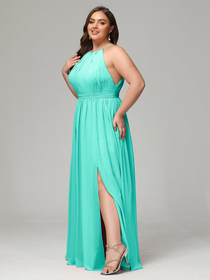 Floor Length Halter Plus Size Split Chiffon Bridesmaid Dresses