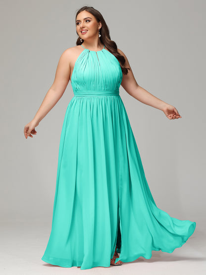Floor Length Halter Plus Size Split Chiffon Bridesmaid Dresses