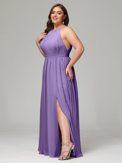 Floor Length Halter Plus Size Split Chiffon Bridesmaid Dresses