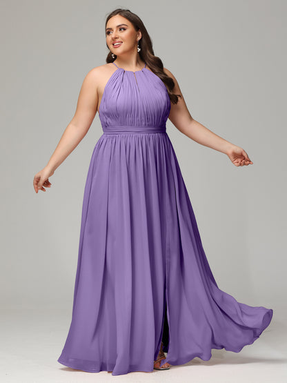 Floor Length Halter Plus Size Split Chiffon Bridesmaid Dresses