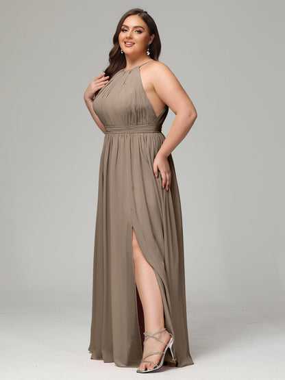 Floor Length Halter Plus Size Split Chiffon Bridesmaid Dresses