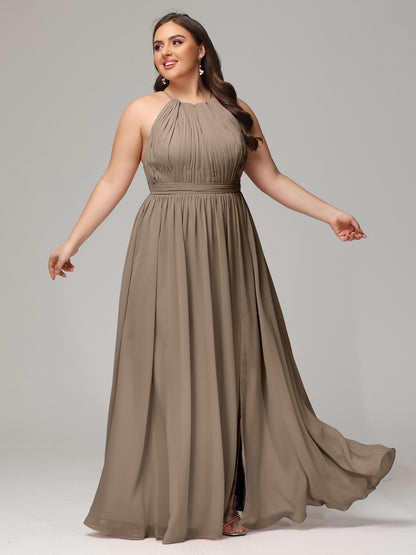 Floor Length Halter Plus Size Split Chiffon Bridesmaid Dresses