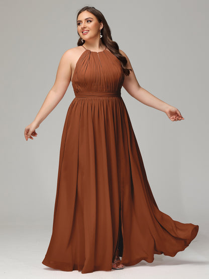 Floor Length Halter Plus Size Split Chiffon Bridesmaid Dresses