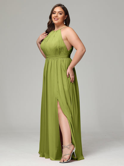 Floor Length Halter Plus Size Split Chiffon Bridesmaid Dresses