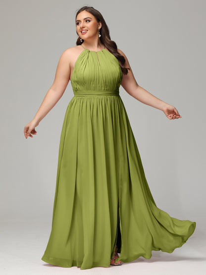 Floor Length Halter Plus Size Split Chiffon Bridesmaid Dresses